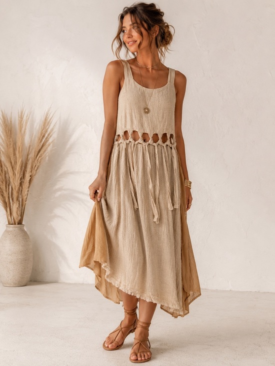 AYA Sacred Wear Dresses & Skirts - Linen & Cotton Sleeveless Beige Maxi Dress with Tie-Detail Waist
